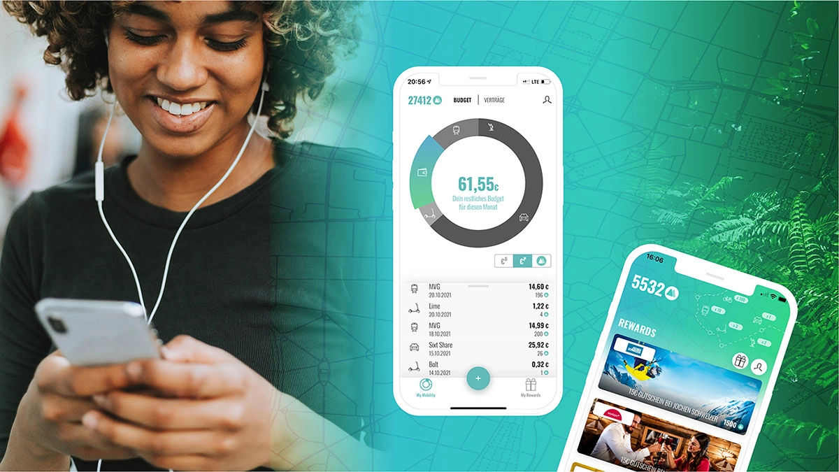 Links ist eine lächelnde Frau am Smartphone zu sehen. Rechts eine Einblendung eines Smartphone-Screens; darauf ist die Benutzeroberfläche der Moovster-App zu sehen